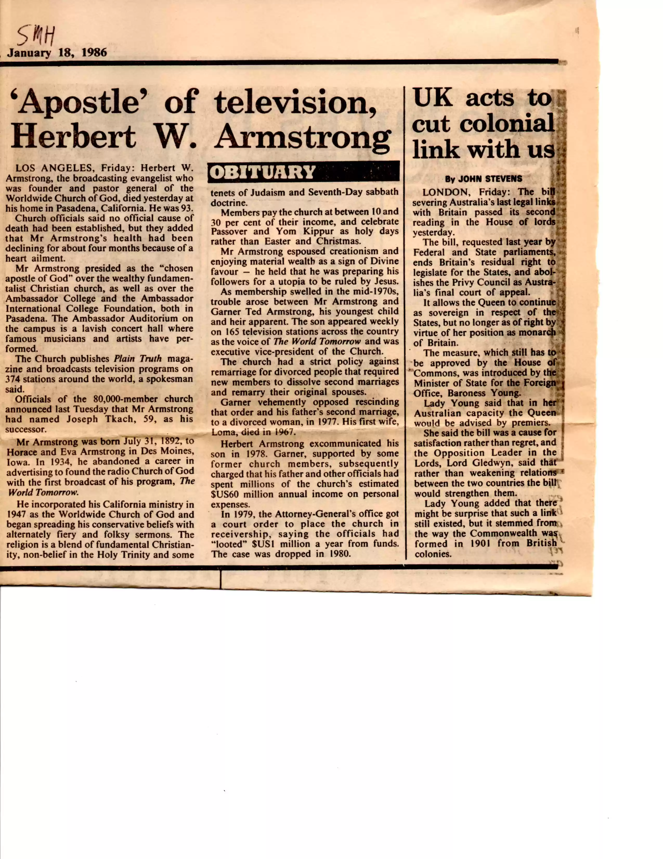 HWA dies, SMH 18Jan86